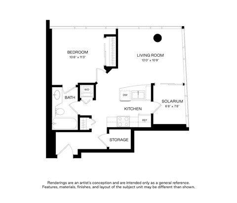 Floor plan for 1 bed, 1 bath, 623 sqft